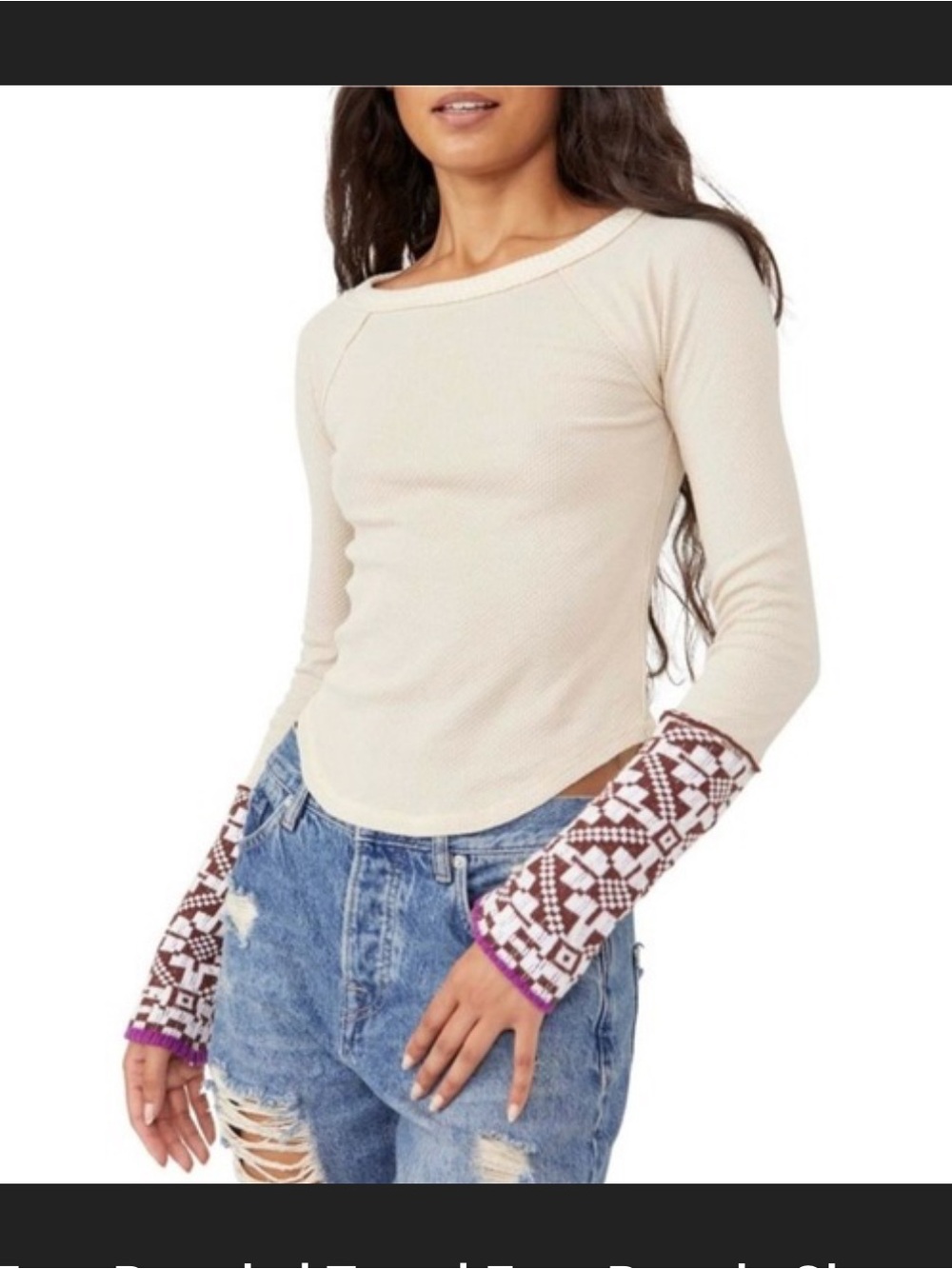 FREE PEOPLE  Cream Long-Sleeve Thermal Top with Patterned Cuffs